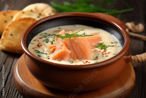 Cheese soup with salmon on wooden background