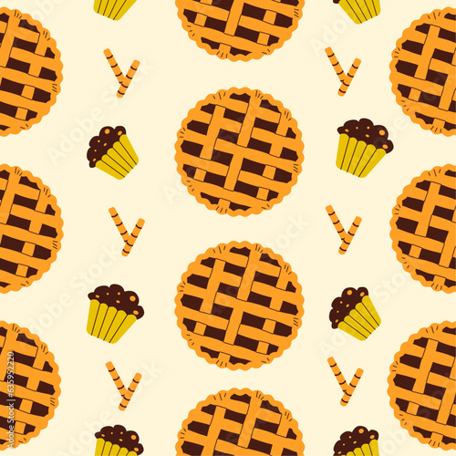 Vector pattern with pie, cupcakes, sweet rolls. Simple style seamless pattern with sweets.