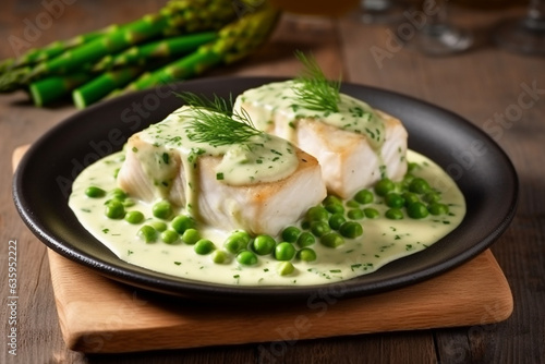 Steamed fish white sauce with asparagus on wooden background