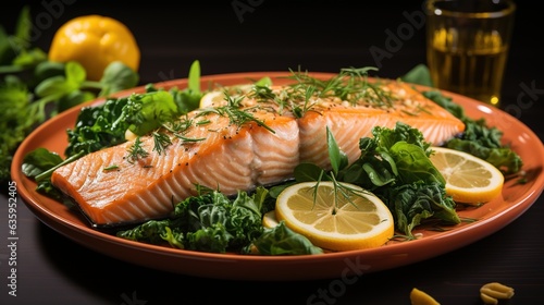  a plate of salmon with lemons, spinach, and lemon wedges. generative ai