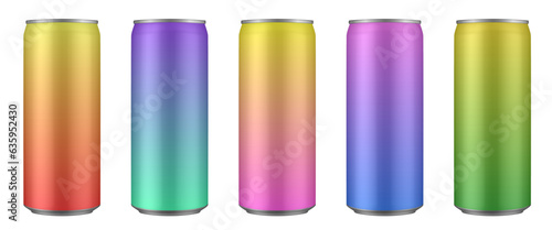 Set of  red, pink, yellow, green, blue and purple tin cans of energy drink, juice or soda. Cocktail or fitness drink. Cold beverages. Gradient colors