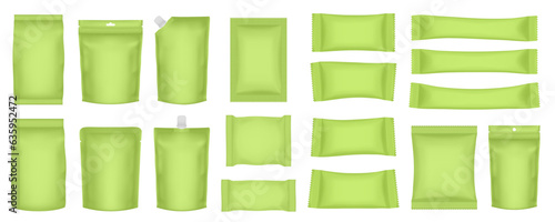 Set of realistic pouch mockups. Green flow pack, sachet, zip bag and doypack. Ice cream wrapper. Sheet mask sachet. Soap or wet wipes packaging. Sugar stick