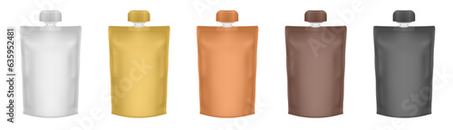 Set of white, gold, orange, brown and black spouted pouches. Fruit puree in a doy pack. Juice in a plastic bag. Flexible doypack with cap. Baby food pack