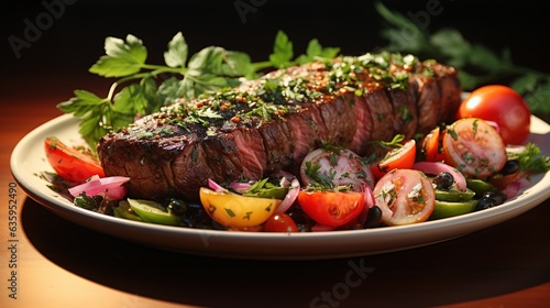  a plate of steak and vegetables on a wooden table top. generative ai