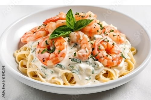 Pasta shrimps with white creamy sauce on white plate