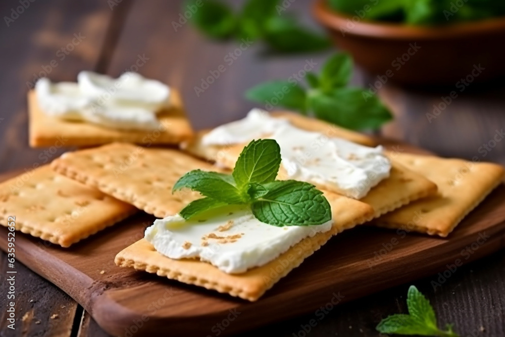 Crackers with cream cheese ,mint leaf in the wooden background - obrazy, fototapety, plakaty 