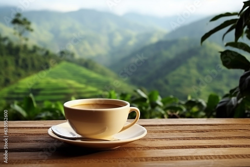 White hot coffee cup with wooden table in the garden background