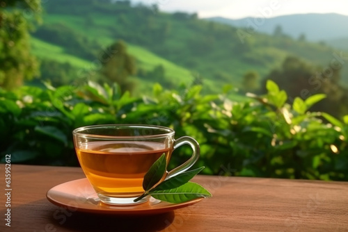 Tea on wooden table and tea plantation