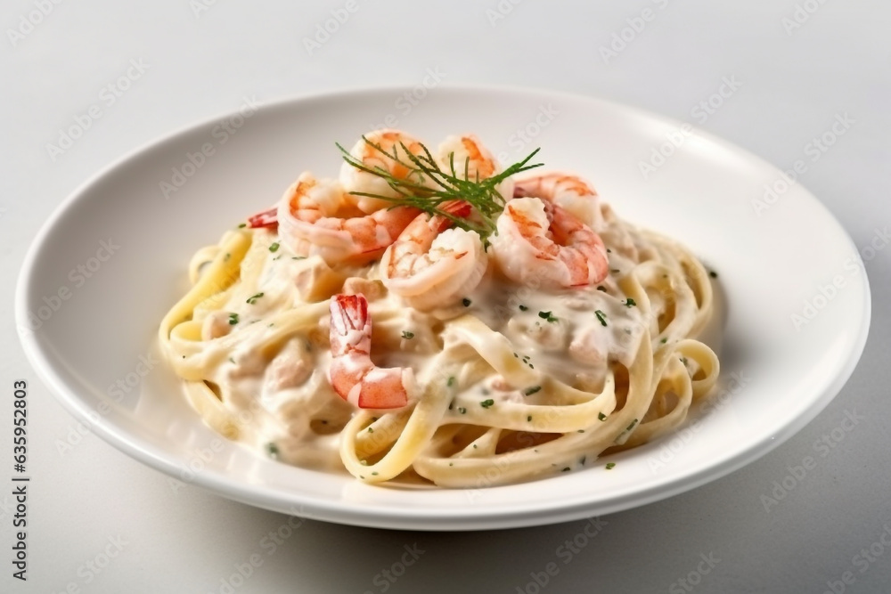 Pasta shrimps with white creamy sauce on white plate