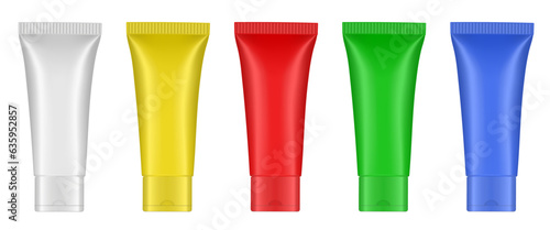 Rainbow palette of acrylic paint in plastic tubes. Liquid watercolor. Oil paint or gouache. Tempera. White, blue, green, yellow and red colors. Hand cream, mask or lotion. Professional shampoo.