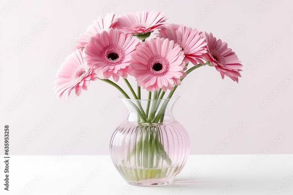 Blooming pink gerbera in glass vase isolated on white background Blooming pink gerbera in glass vase isolated on white background