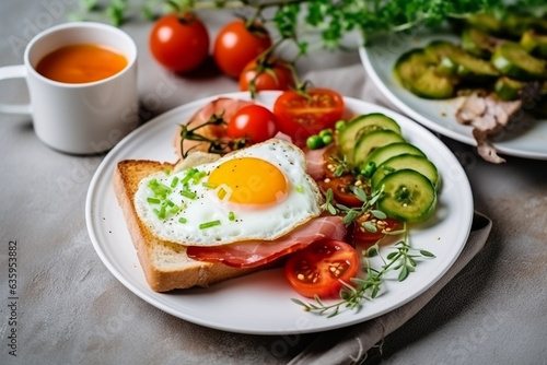 Toast and ham, tomatoes, vegetables, with fried egg and hot coffee on white wooden background