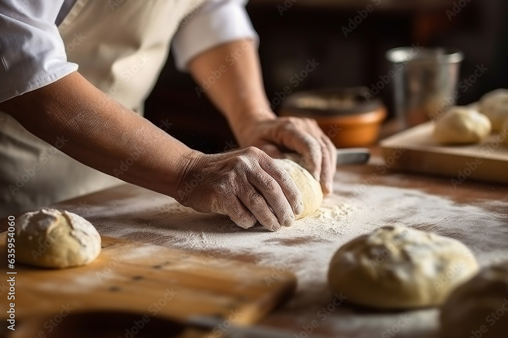 Closeup hands preparing cake and bread in the kitchen Closeup hands preparing cake and bread in the kitchen