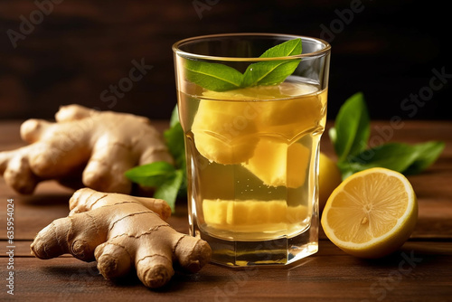 Ginger water in glass with ginger on wooden table background