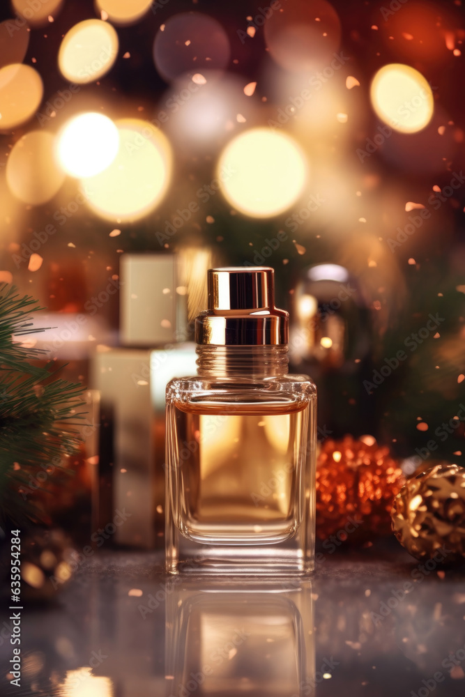 Perfume on a blur christmas background. Generative AI Perfume on a blur christmas background. Generative AI