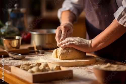 Closeup hands preparing cake and bread in the kitchen