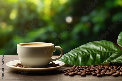 Coffee cup with coffee bean on green leaf background