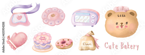Adorable sweet bakery and cooking tool watercolor painting collection vector