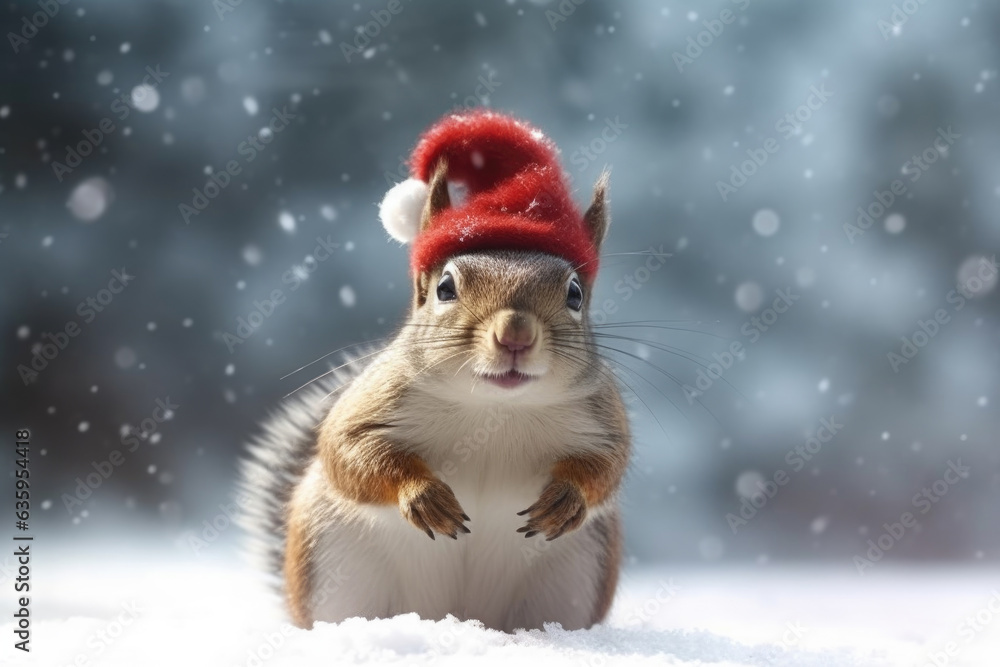 Cute squirrel in a red santa hat on a background of snow. Generative AI Cute squirrel in a red santa hat on a background of snow. Generative AI