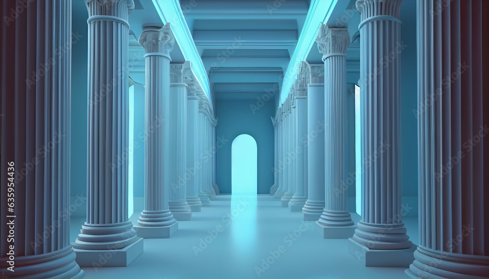 Obraz premium 3d rendering light blue corridor pillars background render, columns in the sky, Ai generated image 