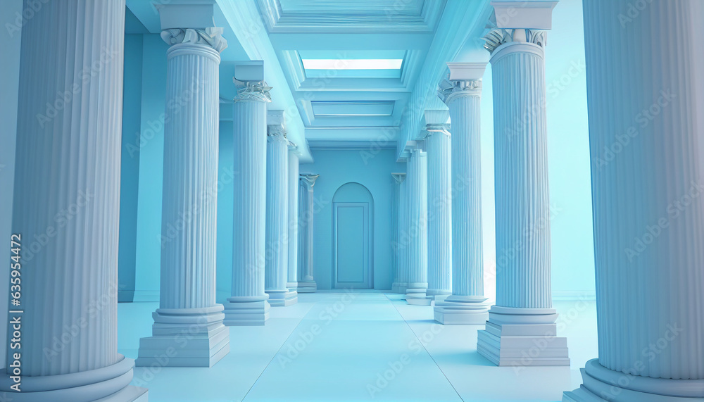 3d rendering light blue corridor pillars background render, columns in the sky, Ai generated image 