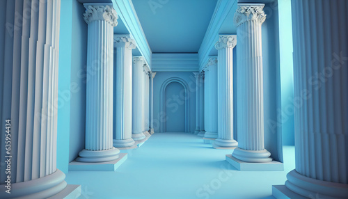 3d rendering light blue corridor pillars background render, columns in the sky, Ai generated image 