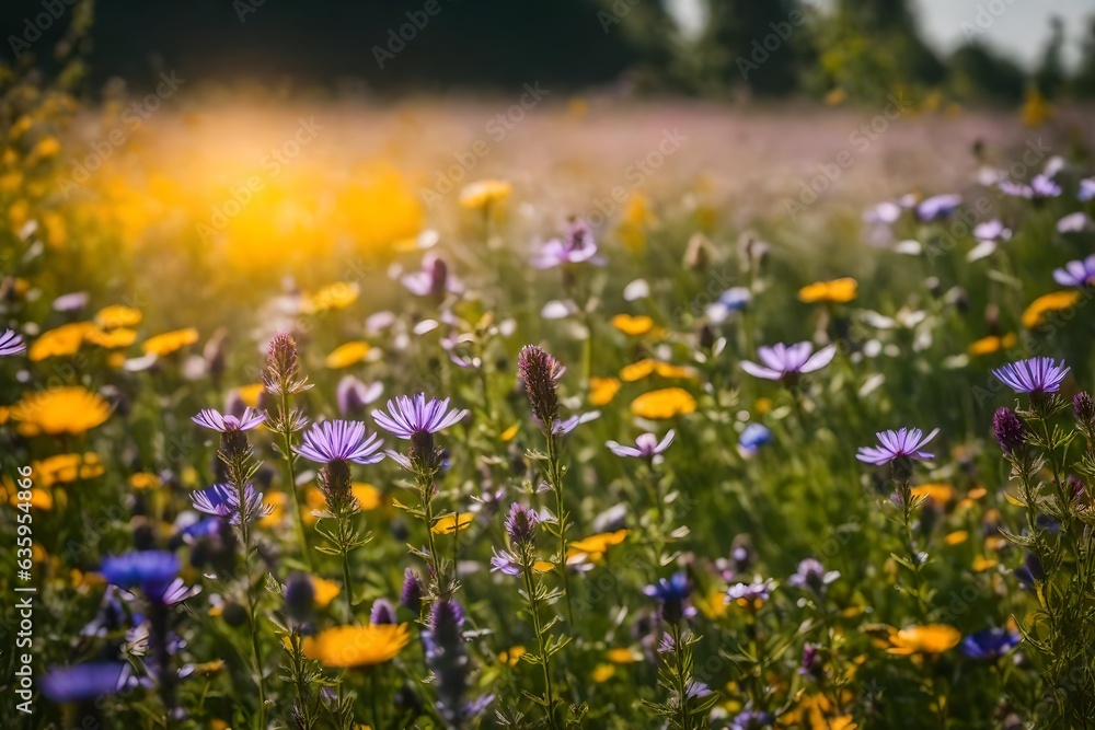 a field of wildflowers with a blurry background - AI Generative