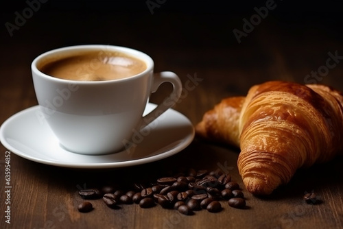 White coffee cup and fresh croissants on wooden background