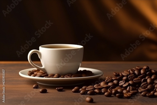 Coffee cup with coffee bean on the wooden table background © Inlovehem