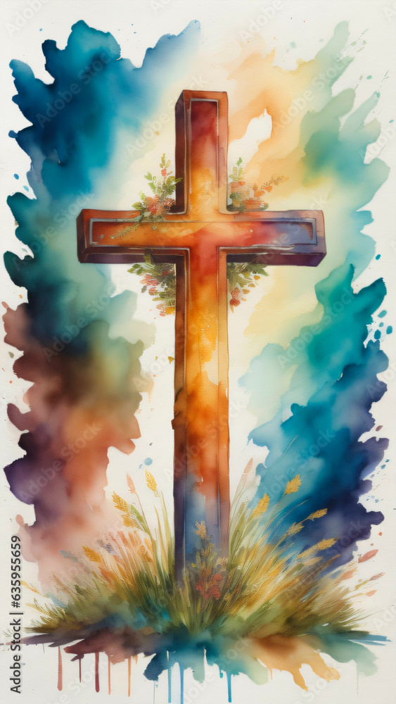 A watercolor painting of a vibrantly colored Cristian cross.
