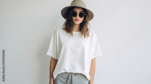 Advertising Mockup: Stylish Female Model Wearing White T-Shirt, pants, Sunglasses, and Hat created with Generative AI Technology