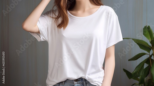 White T-Shirt Mockup: Woman's Torso on Gray Background created with Generative AI Technology