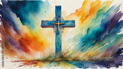 Canvas Print A watercolor painting of a vibrantly colored Cristian cross.
