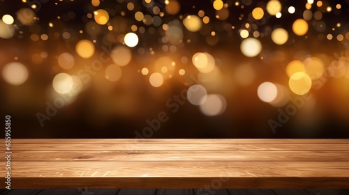 Empty wooden table top on blur light golden bokeh of cafe restaurant background. useful for product display montage.