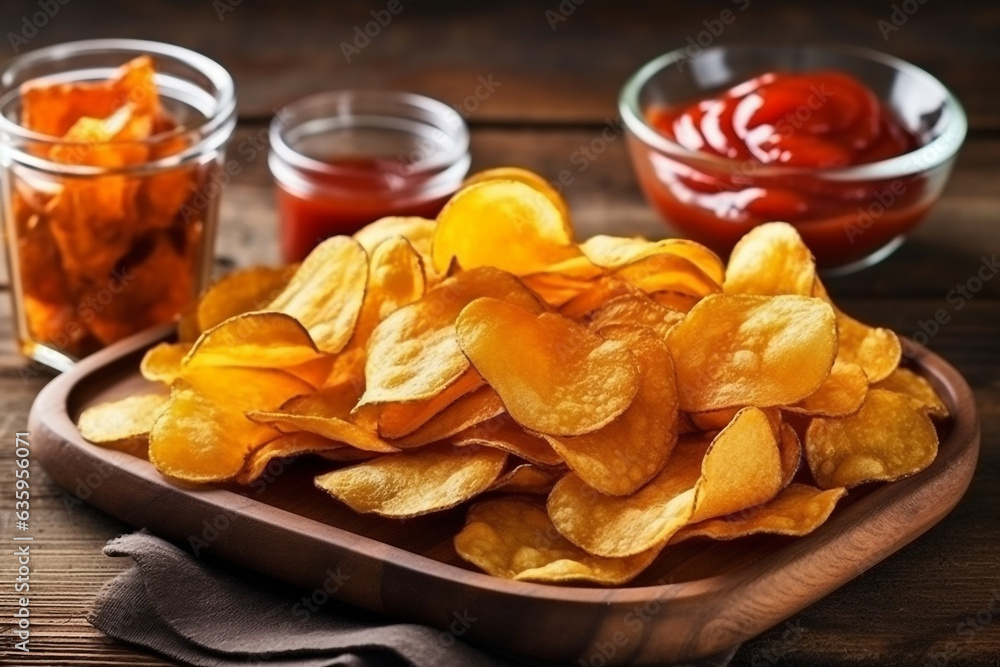 Potato chips snacks in glass bowls on wooden background - obrazy, fototapety, plakaty 