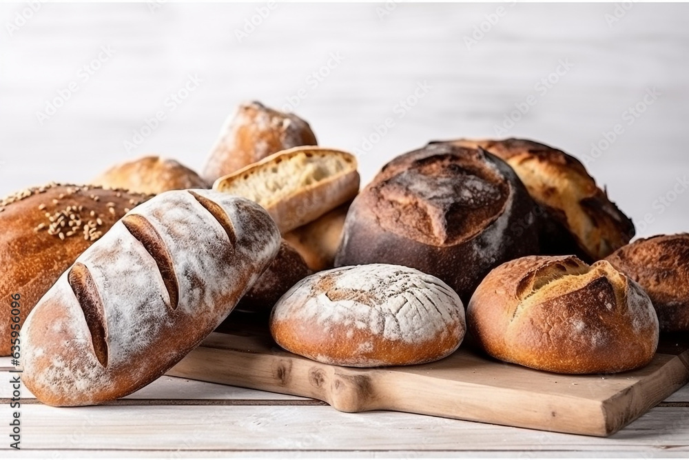 Assortment of baked bread on white wooden background