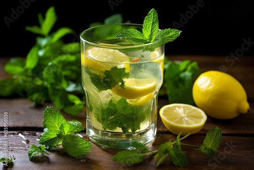 Lemonade and mint leaves in glass on wooden background .