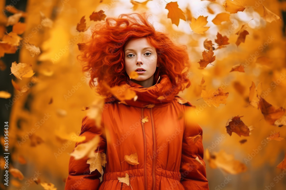 Portrait of a young beautiful girl with red hair surronded by falling leaves in park. Autumn and fall concept. Generative Ai