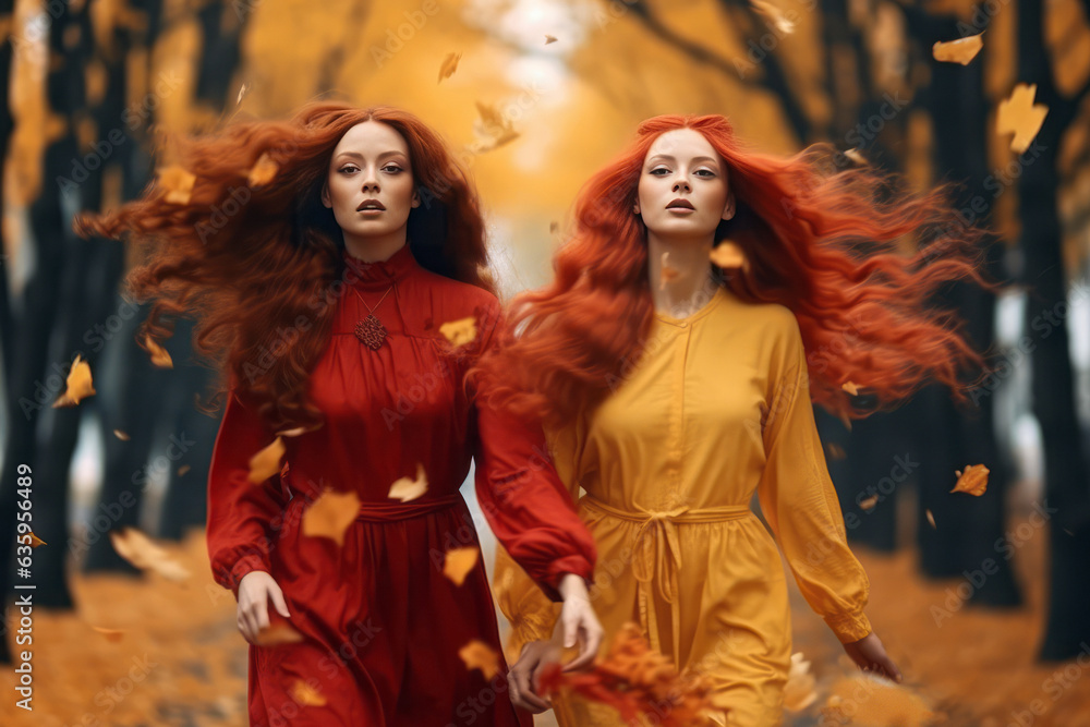 Two young beautiful girls with long red hair walking surrounded by falling leaves in park. Autumn and fall concept. Generative Ai