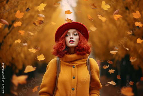 Portrait of a young beautiful girl with red hair wearing yellow coat and red hat with falling leaves in park. Autumn and fall concept. Generative Ai photo