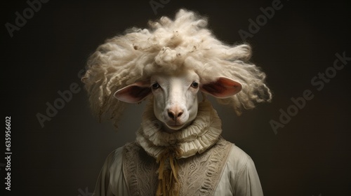 3D ironic portrait, Animal, Sheep, Wig, Dressed, 1700, Noble, Aristocratic. EIGHTEENTH-CENTURY SHEEP. Beautiful portrait of a sheep with big wool wig in perfect 1700s style. photo