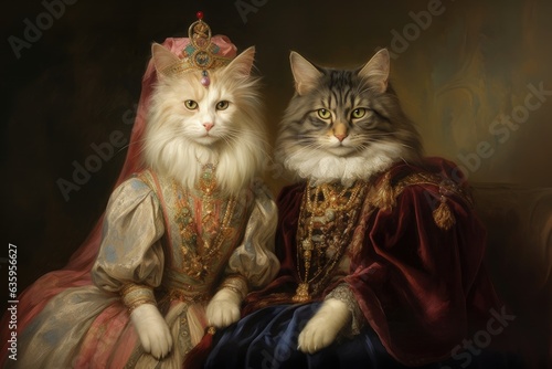 Cat, Prince, Princess, King, Queen, Animal, Couple, Portrait, Medieval, Renaissance. CAT DUKE AND DUCHESS. A bijou of a couple of noble duke cats of high aristocracy dressed up in Medieval style. photo