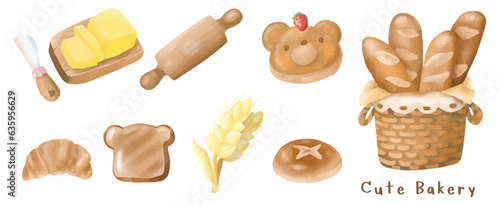 Adorable sweet bread bakery and cooking tool watercolor painting collection vector