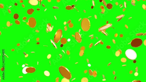 3D animation of gold coins flowing from top side. Gold coins shower. 4K Green screen video.