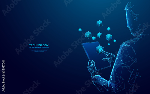 Abstract businessman is holding tablet with a blockchain hologram. Digital innovation or fintech concept. Futuristic low poly metaverse in technological blue. Vector 3D illustration of cryptocurrency.