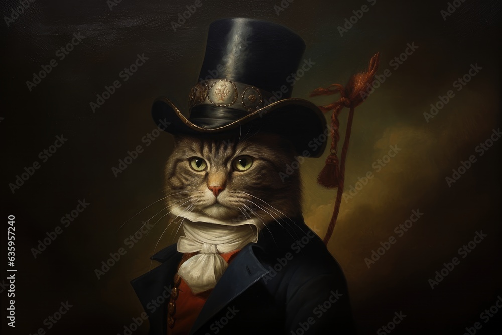 Cat, Kitten, Soldier, Official, Hat, Dressed, 1800, 3D funny portrait. YOUNG NINETEENTH-CENTURY KITTEN OFFICER. A XIX century weapon officier cat in standing pose in front of an ancient painting.
