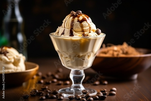 Ice cream coffee with coffee beans on old wooden table.