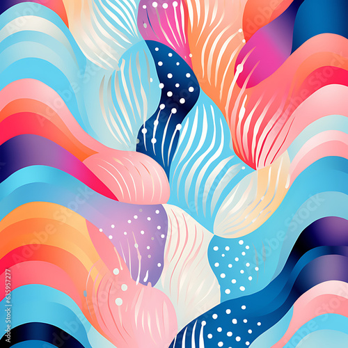 Colorful pattern design with pink blue orange red violet with waves lines and dots