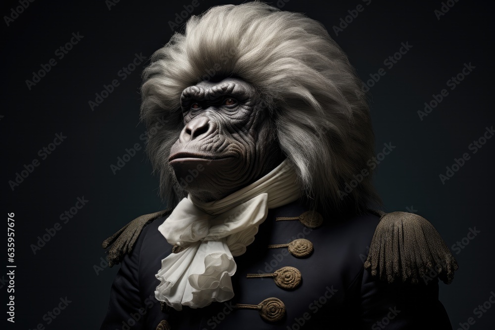 Gorilla, 3d Ironic portrait, 1800, Commander, Official, Soldier, Napoleonic, Wig. THE COMMANDER. Old gorilla leader with gray wig, ruffled collar, dressed up as an army official of the Napoleonic Era.