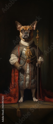 3d portrait, Aristocratic bulldog, Dog, Noble, Renaissance, Medieval, Cloak, Royal. ROYAL COURT BULLDOG. A courtier dog loyal subject of the king in all his luxury with scepter, red cloak and armor